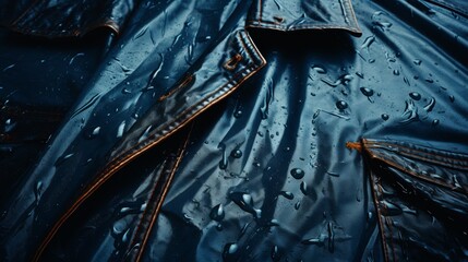 A close up of a blue jacket with water droplets on it, AI
