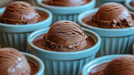   A chocolate ice cream bowl alongside bowls of other ice cream flavors and a spoon in one