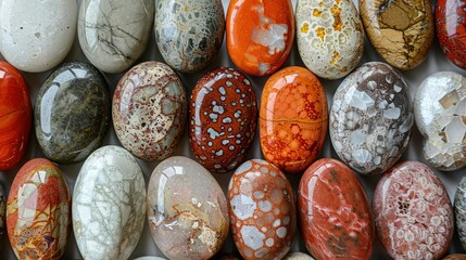  A close-up image of varied colored and sized rocks arranged on a white background