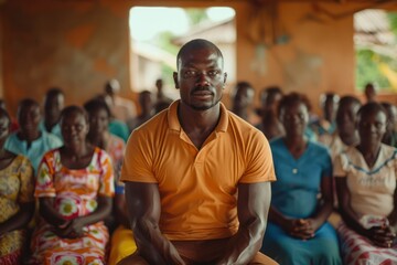 Medium shot of an Ebola survivor sharing their recovery story with a support group, emphasizing resilience and hope