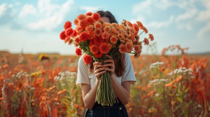 woman holding a bouquet of dalias in front of her face and body