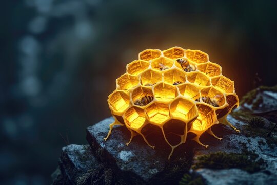 Illuminated hexagonal hive against midnight backdrop imagine