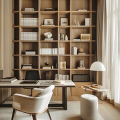 A modern home office space with clean lines and neutral tones, accentuated by a sleek bookshelf filled with literary classics and productivity essentials 