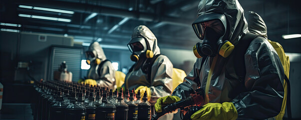 Workers in protective suits in radiation location