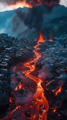 Show the chaotic aftermath of a volcanic eruption, with lava flows encroaching on nearby communities and disrupting daily life Close-up