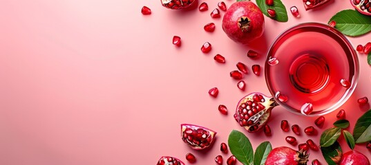 Vibrant pomegranate smoothie art on soft pink backdrop, showcasing fruit s colors and textures
