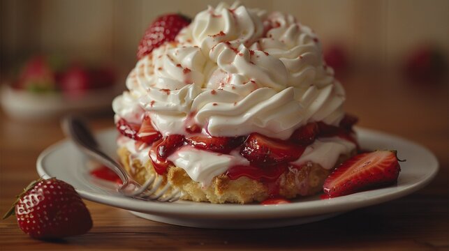  A strawberry shortcake with whipped cream & strawberries on a white plate, served with a wooden fork