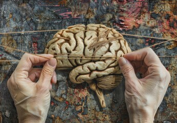 Contemporary art: Human hands knit brain, symbolizing psychological stability, abstractly portraying inner world, mental health, feelings. Conceptual art.