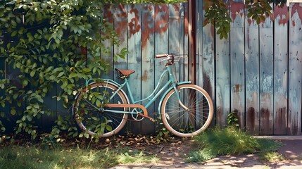 Fototapeta na wymiar A pastel-colored bicycle leaning against a fence in an empty garden.