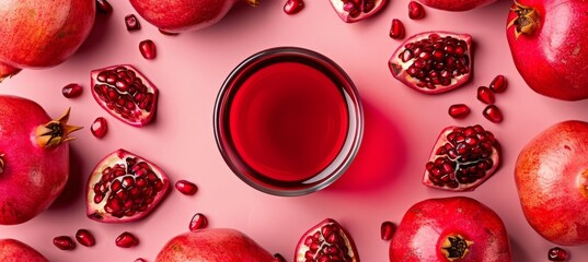 Vibrant pomegranate smoothie on soft pink, showcasing vivid fruit colors and textures