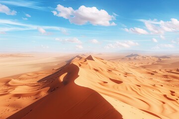 Fototapeta na wymiar Journeying across a vast desert landscape sculpted by winds into mesmerizing dunes