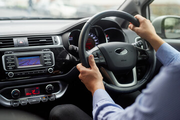 Car, dashboard and steering wheel of motor for driving, travel or navigation for transportation or...