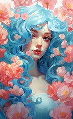 Fairy Woman with Curly Blue Hair and Flowers Portrait. Romantic Elegant Girl cartoon Character. Mystical Serene Mermaid Avatar. Beautiful Young SNature Goddess Female Creature Artwork Illustration.