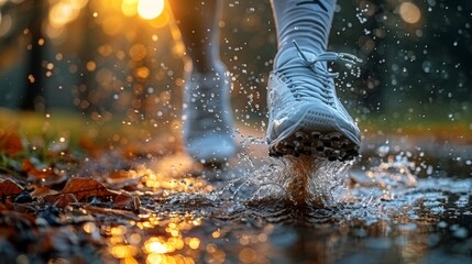 Person Walking Through a Puddle of Water. Generative AI