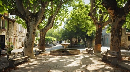 A peaceful village square shaded by ancient oak trees, with a bubbling fountain as the focal point surrounded by benches for relaxation.