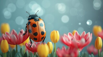   A ladybug rests atop a field of vibrant tulips and an assortment of pink and yellow blossoms