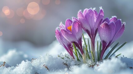Group of Purple Flowers on Snow Covered Ground - Powered by Adobe