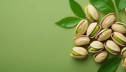 pistachio nuts on a green background with space for text. banner or sign.
