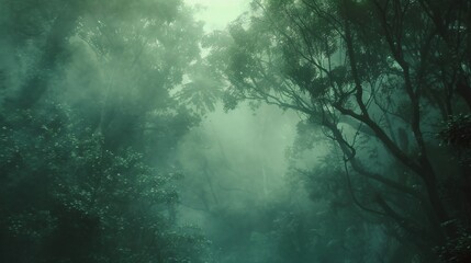 An otherworldly scene of a dense and lush forest its enchanting aura magnified by the hazy defocused effect. Through the fog the trees seem to whisper their secrets luring us deeper .