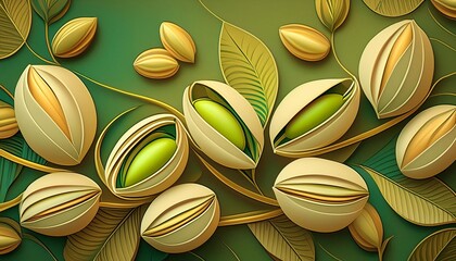 scattered pistachios on a green background, top view. banner or sign. notebook cover.