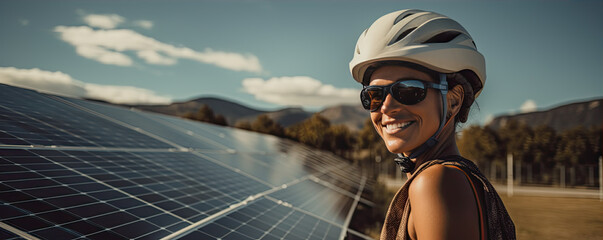 autiful cyclist standing in front of solar panels.