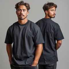 A young hispanic man wearing a black casual t-shirt. Side view, back and front view of mock template for a t-shirt design print 