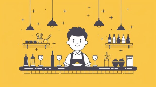 A cartoon illustration of a bartender with glasses and wine bottles, AI