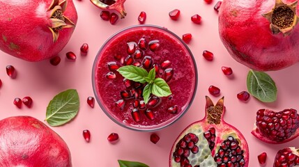Vibrant pomegranate smoothie on soft pink background, showcasing rich colors and textures