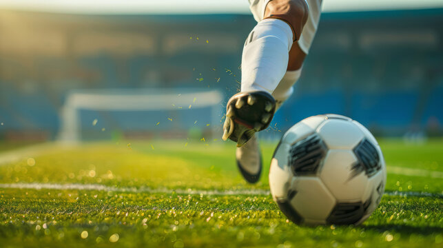 Close up of a soccer player's foot kicking a ball in a football stadium