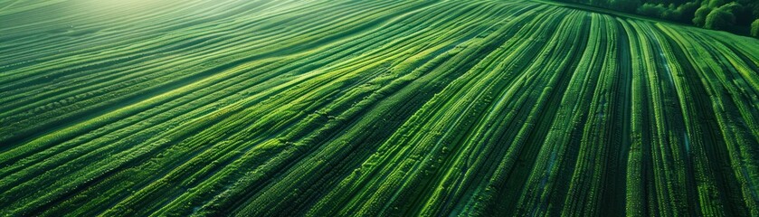 Aerial drone medium shot of farmland showing patterns of fertilizer application, high-tech precision agriculture