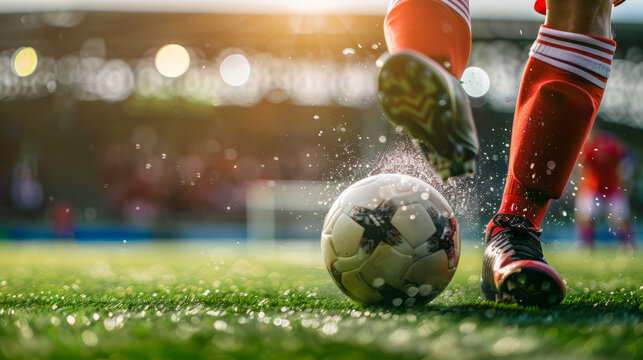 Close up of a soccer player's foot kicking a ball in a football stadium