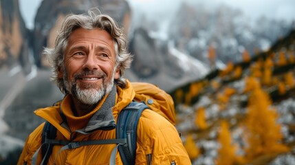 Fototapeta premium Man Wearing Yellow Jacket and Backpack