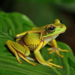 Obraz premium Tree frog Agalychnis Callidryas on a green leaf with water droplets on it