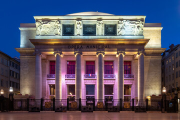 Building facade of the Opera de Marseille at night