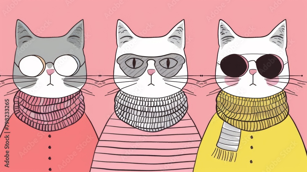 Canvas Prints Three cats wearing sweaters and scarves with sunglasses on their heads, AI