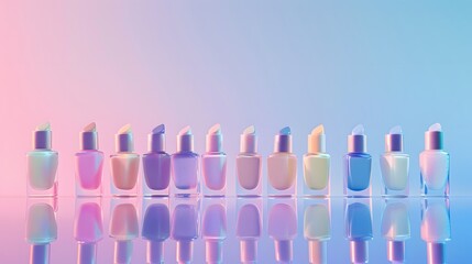 A row of glossy nail polish bottles in an array of pastel hues, reflecting soft light against a gradient pastel background of lilac and sky blue.