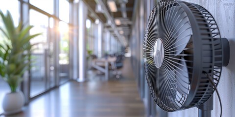 Close-up of a high-tech fan distributing air in a large office during a heatwave, focus on spinning blades and digital controls