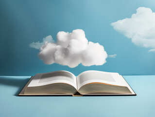 An open book with a cloud above it. The cloud is white and fluffy
