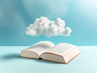 An open book with a cloud above it. The cloud is white and fluffy