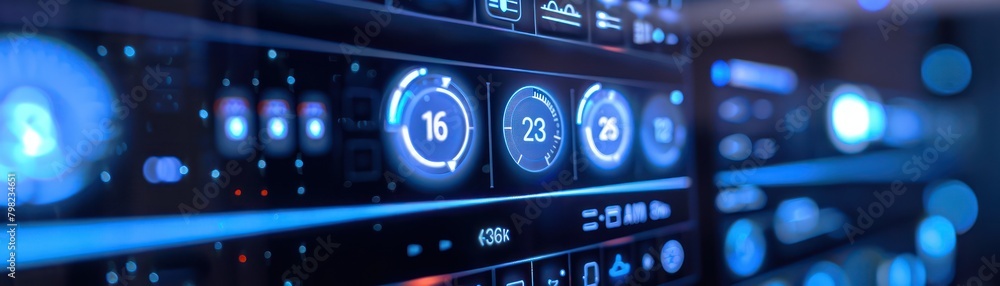 Poster close-up of a smart home system interface controlling air conditioning, touchscreen display, modern 