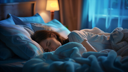  woman sleeping peacefully in her bed, embodying a serene and restful state.The bedding look soft and inviting, with plush pillows and a cozy blanket draped - obrazy, fototapety, plakaty