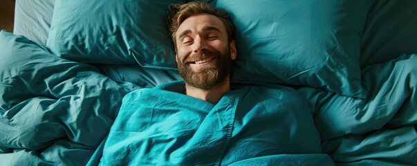 Man relaxing in bed with hands behind head