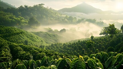 A scenic coffee plantation on the misty slopes of a mountain, where AI-powered robots carefully...