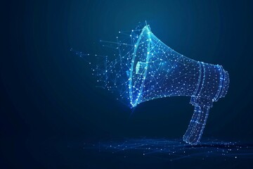 technology in Marketing and Promotion , digital blue low poly megaphone with glowing data streams, ai in advertisement and digital marketing strategies, attention and Awarenes, Activism and Advocacy.