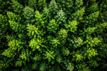 Fototapeta premium Top view of a young green forest in spring or summer