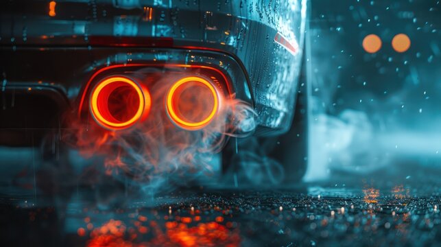 Close-up of automobile exhaust fumes, digital sensor detecting nitrogen oxides, detailed display, high-tech