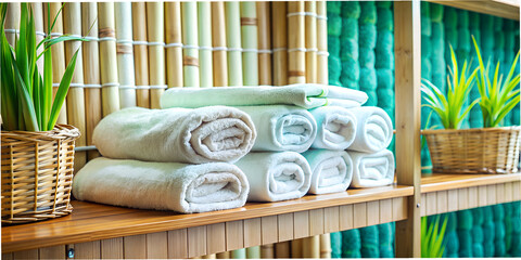 Towels on shelf, spa, fabric, silk, rest, relax, color towel, macro, design, idea, bamboo shelves,...