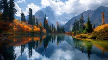 A serene mountain lake nestled amidst towering pine trees, with a colorful autumn forest reflected in its still waters.