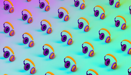 Headphones repeating pattern background purple green music top view flat lay