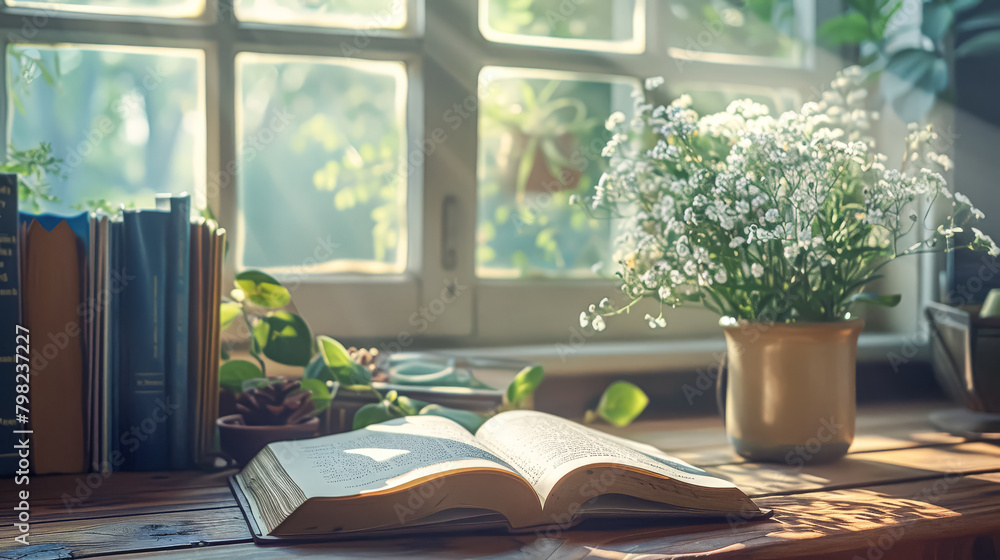 Poster a book is open on a table with a window behind it. the sunlight is shining through the window, illum
